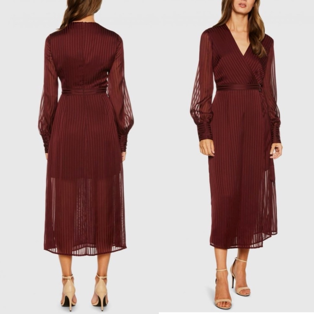 Bardot Womens Burgundy Wine Red Sheer Striped Belted Wrap Dress